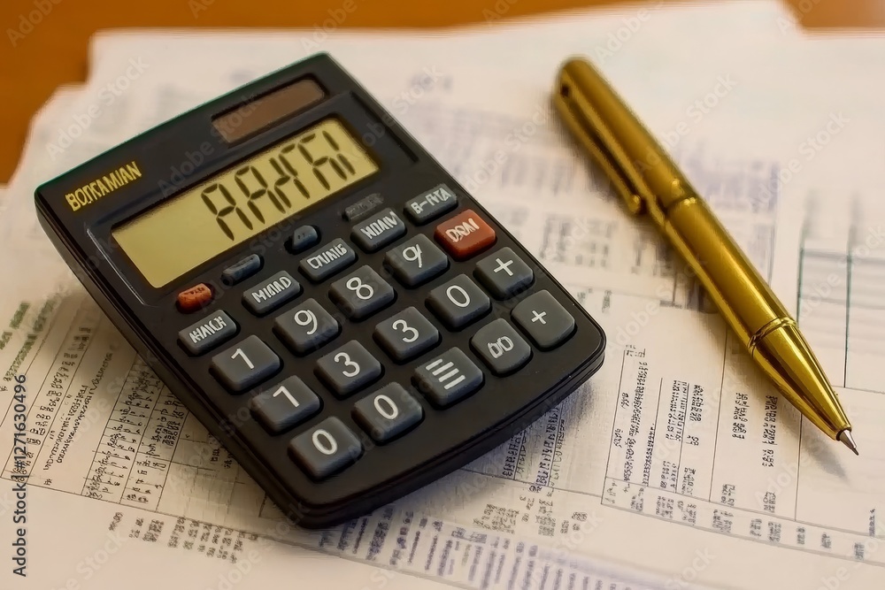 Aufkleber calculator and pen on financial documents with numbers and data