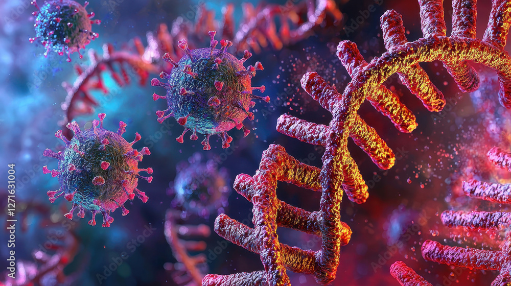 Poster artistic rendering of a virus merging with human dna, illustrating genetic mutation and intricate mo