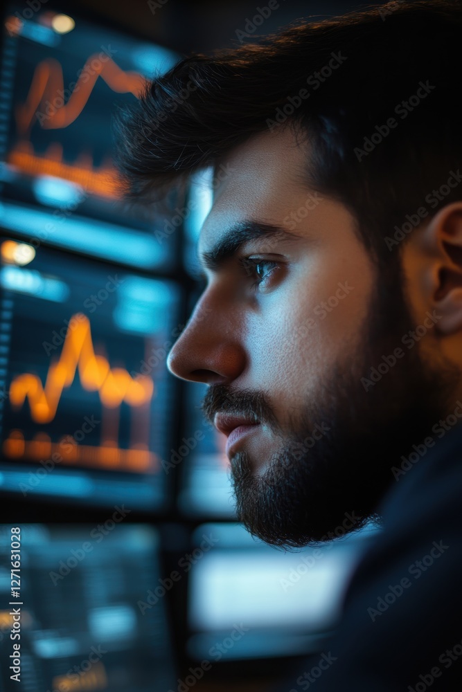 Poster trader analyzing stock market trends on computer screens with financial graphs and data visualizatio