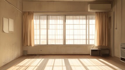 Obraz premium Empty room with large windows, sunlight streaming in. Interior, morning light, possible use for advertisement, brochure