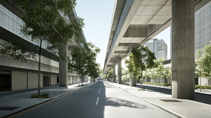 Empty City Street Under Elevated Highway on Sunny Day