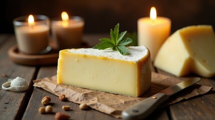 Aromatic Cheese Wedge with Candles and Nuts on Rustic Wood