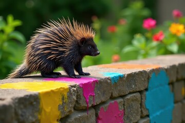 Fototapeta premium A spiny mammal with dark fur and light quills stands on a colorful painted wall outdoors