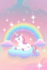 Colorful Unicorn on Cloud with Rainbow Background