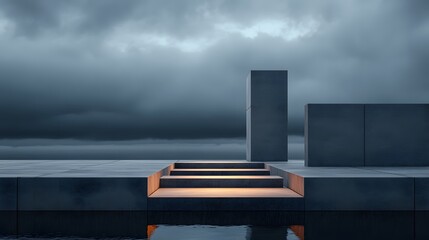 Deconstructed Arrangement of Geometric Blocks with Steps and Reflective Water Under Dramatic Sky