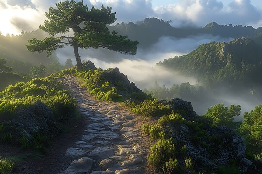 Serene mountain landscape with a winding path leading to a lone tree amidst misty hills