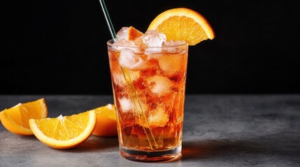 Refreshing cocktail served with ice and garnished with orange slices.