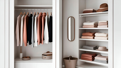 A closet for storing clothes with clean lines and a neutral palette, clothes neatly hung on hangers, organized by color and type, shelves with neatly folded sweaters and accessories.