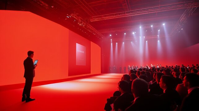 Product launch event at an international trade fair, with executives unveiling a new tech gadget on a grand stage, high-energy corporate reveal.