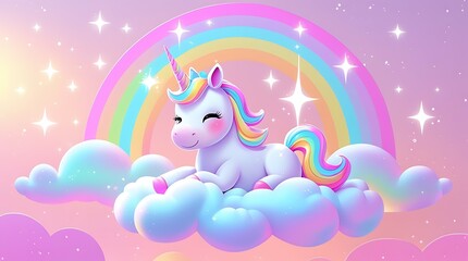 Colorful Unicorn on Cloud with Rainbow Background
