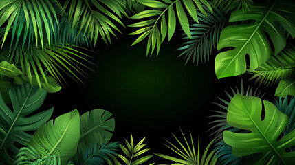 Dark tropical palm leaves on a deep green background, perfect for summer designs, travel themes, spa promotions, and natural branding with vibrant, lush foliage and exotic botanical details