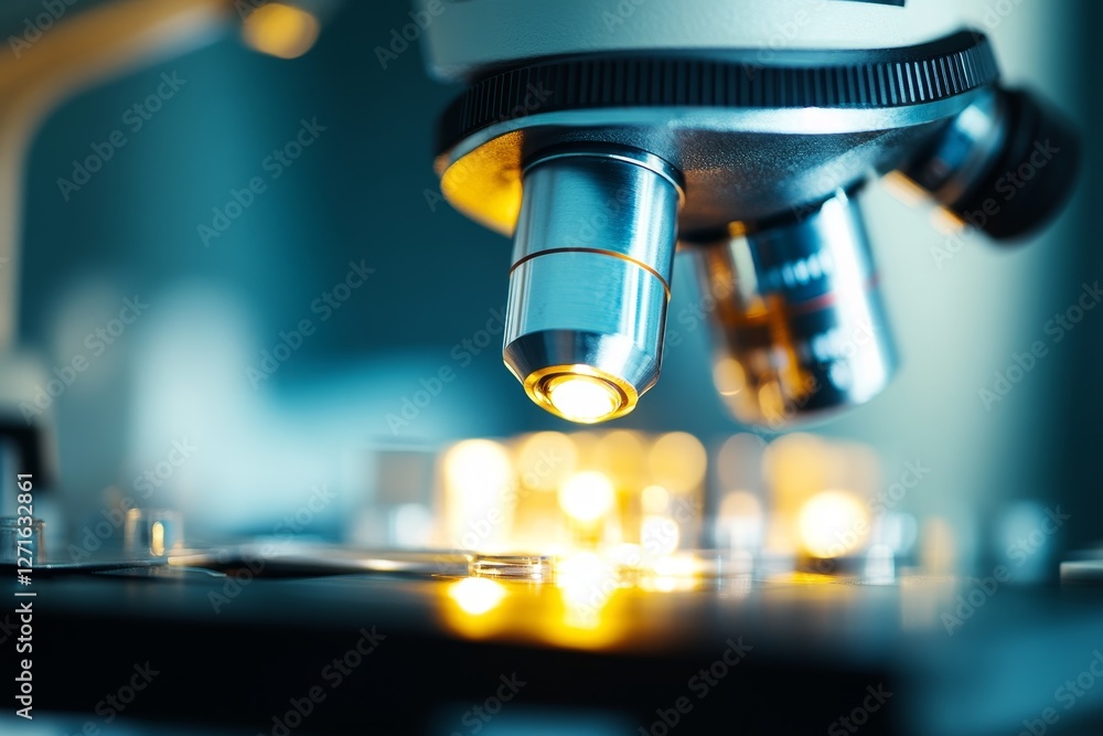 Poster close-up of a microscope lens focusing on glass slides in lab