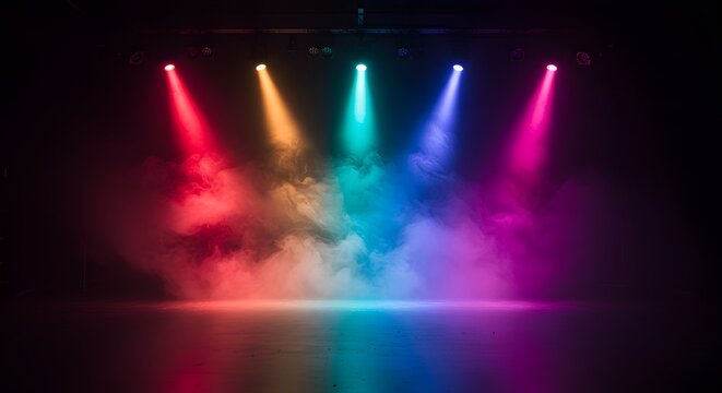Vibrant Stage Lighting Design: Multicolored Spotlights and Smoke Effects