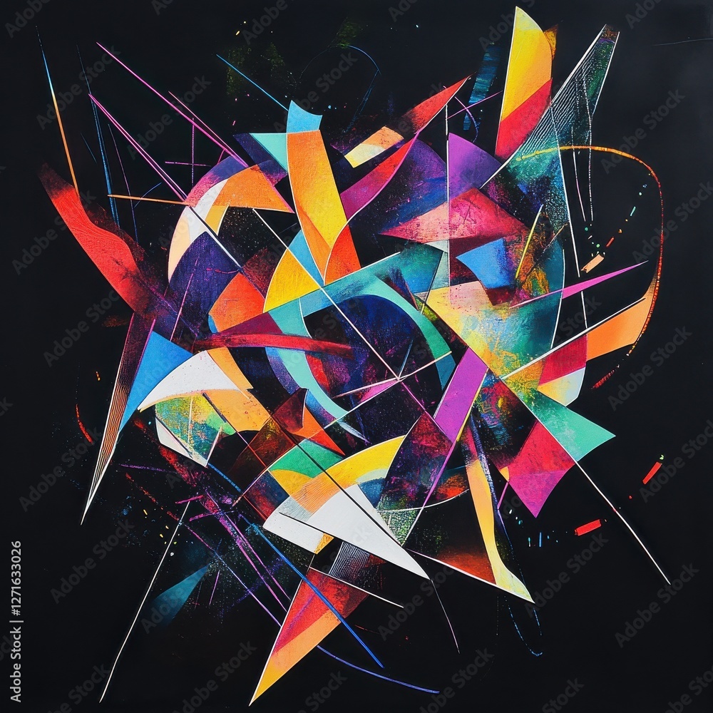 Poster colorful abstract artwork showcasing dynamic shapes and vibrant hues on a dark background
