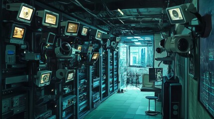 Intricate Server Room in Cyberpunk Style - Futuristic Technology Corridor