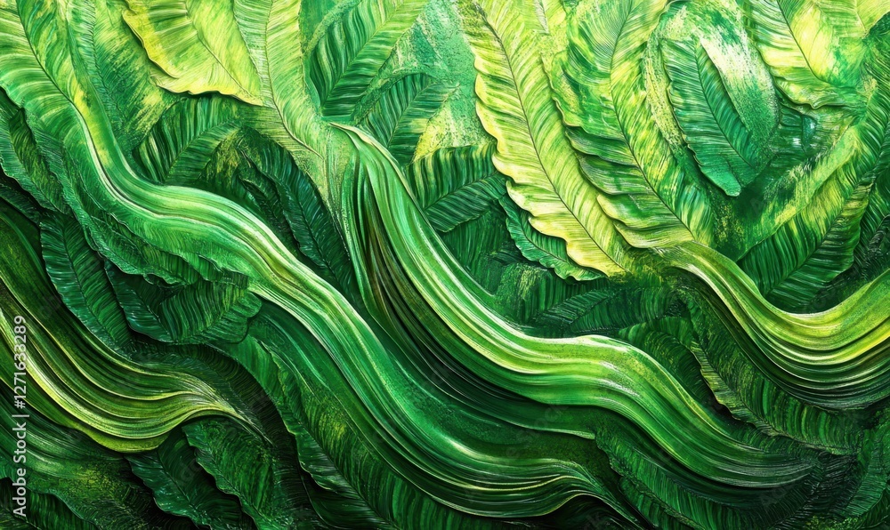 Poster lush green foliage with flowing patterns, creating a vibrant natural backdrop for design