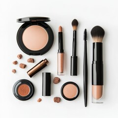 Makeup products arranged beautifully for an organized beauty routine featuring natural tones and textures