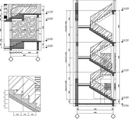 Detailed drawings of stairs with scale size illustration vector sketch  