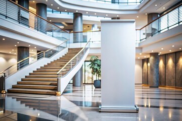 Fototapeta premium Blank Roll Up Banner Stand Mockup in Modern Hotel Lobby Near Stairs