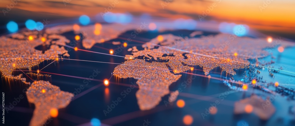 Poster world map with glowing connections, digital globe representing global communication, technology netw