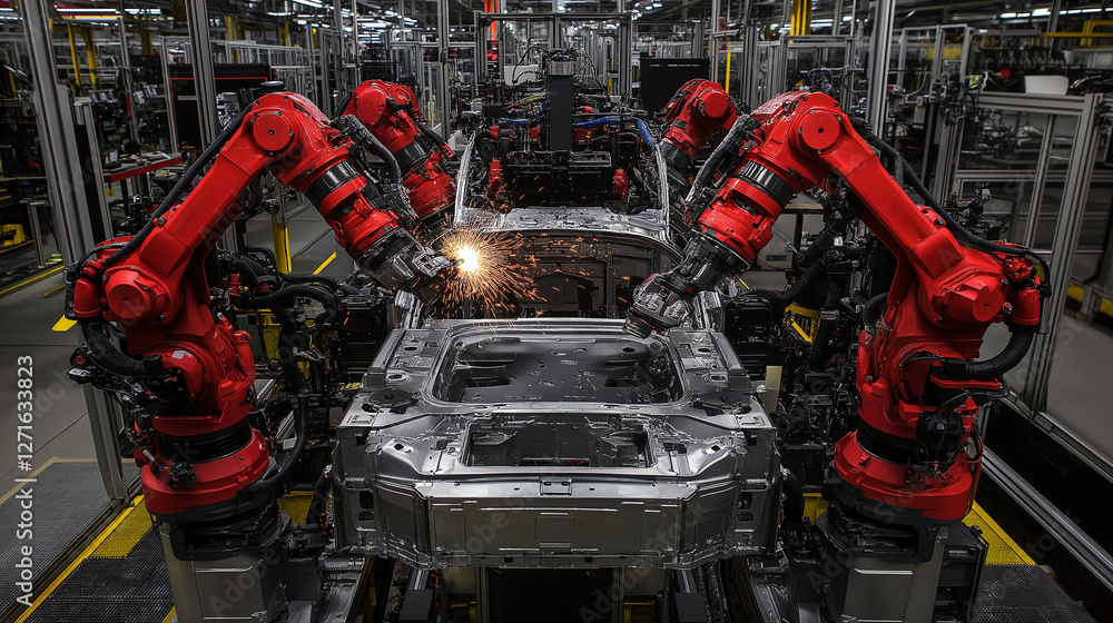 Poster a high-tech robotic arm performs precise welding on an advanced automotive assembly line as it works