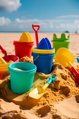 Toys for the sandbox located on the sandy beach, bright sand molds, buckets and shovels, made in different colors.