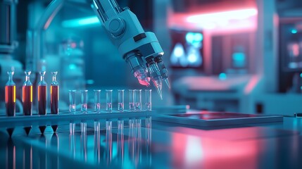 Advanced Biotechnology: A Robotic Arm Working with Biological Samples in a High-Tech Laboratory, Emphasizing Automation, Precision, and Innovation in Life Sciences Research.