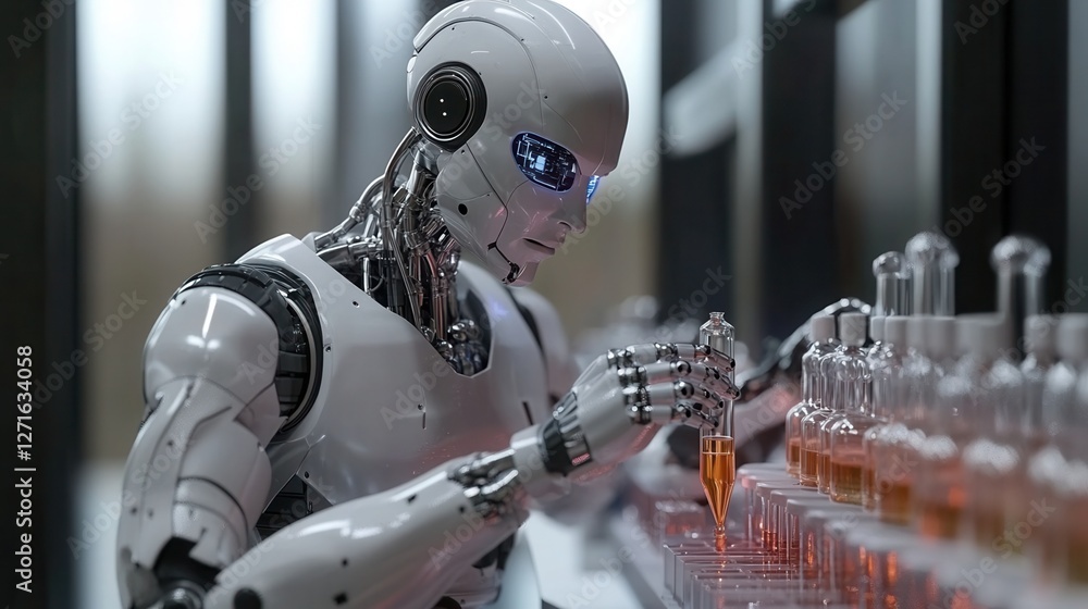 Poster a futuristic robot analyzes liquids in a lab, showcasing advanced technology and innovation in scien