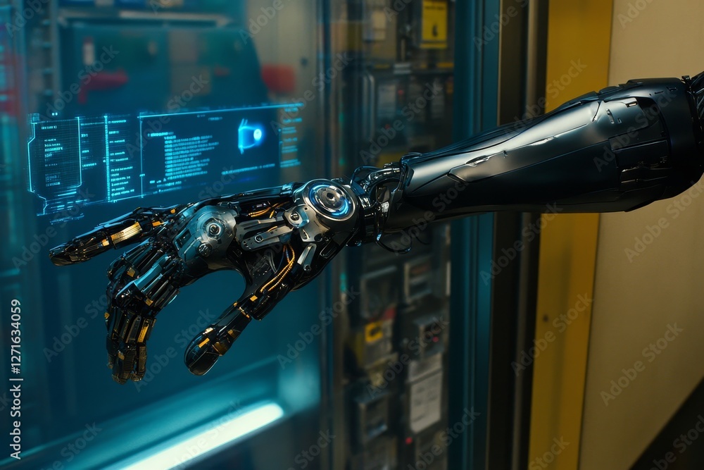 Poster close-up of futuristic robotic arm interacting with digital display