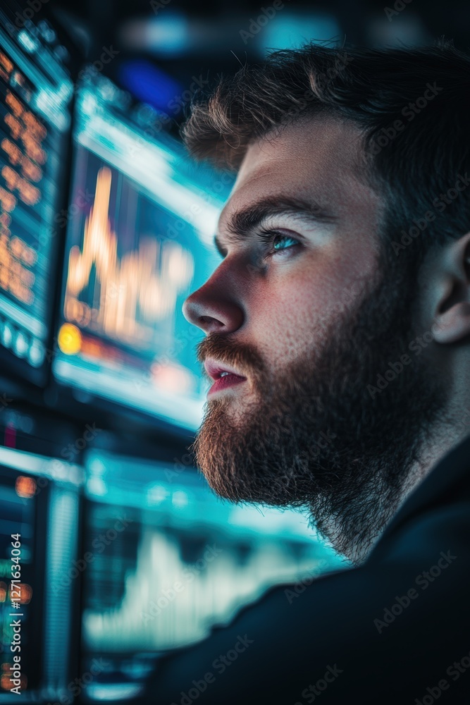 Poster young trader analyzing stock market data on computer screens with financial graphs and charts for in