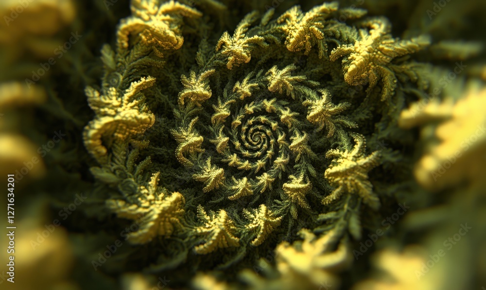 Poster a mesmerizing spiral pattern of vibrant yellow ferns creating a natural vortex effect