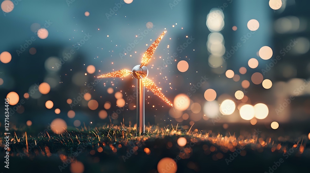 Poster glowing dandelion seed illuminated by warm bokeh lights against dark background, creating magical at