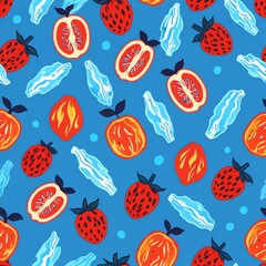 Vibrant Fruit Pattern: Strawberries and Citrus Slices on a Blue Background