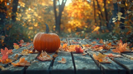 Autumn pumpkin on rustic wooden table, fall foliage background