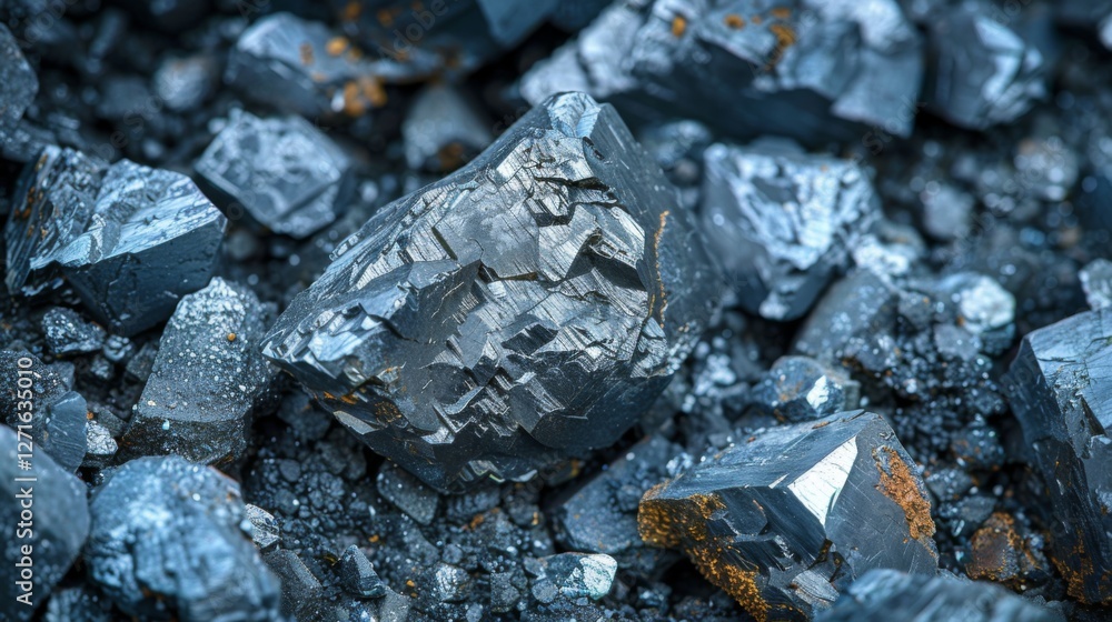 Poster dark, shiny mineral stones with sharp edges and unique textures are scattered on a textured surface,
