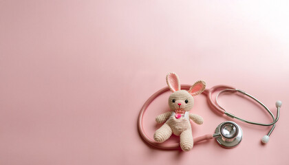 Pink Stethoscope with Cute Crochet Bunny – Pediatric Healthcare and Medical Care Concept - Background with free space