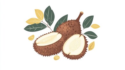 Two ripe brown spiky fruits cut in half, showing creamy white flesh, surrounded by green and yellow leaves and seeds.