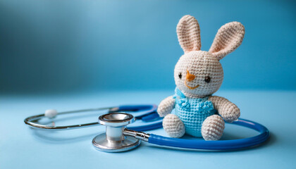 Blue Stethoscope with Cute Crochet Bunny – Pediatric Healthcare and Medical Care Concept, background 