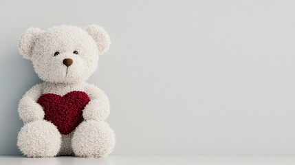 Fototapeta premium Cute plush teddy bear holding a red heart on a minimalist background