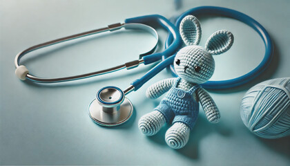Blue Stethoscope with Cute Crochet Bunny – Pediatric Healthcare and Medical Care Concept, background 