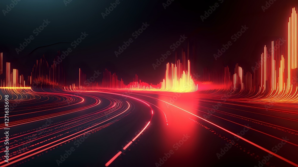 Poster futuristic curved highway with glowing red neon lines and illuminated data visualization bars creati