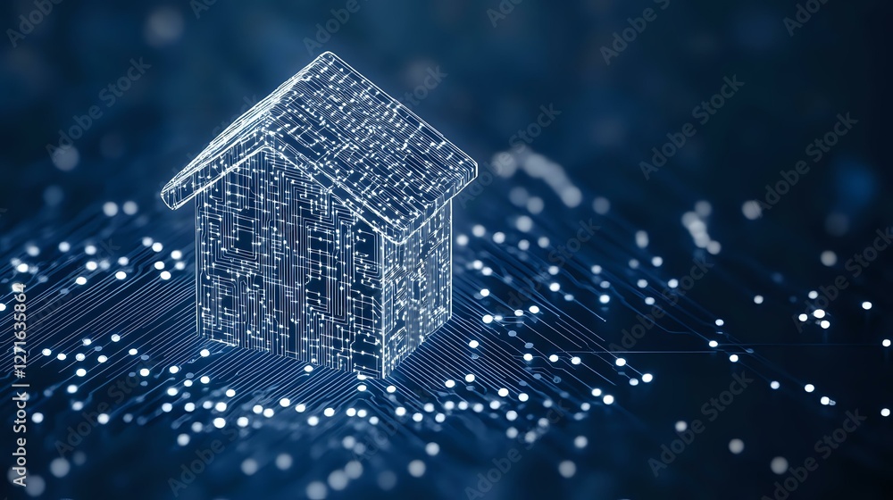 Poster digital house wireframe glowing on circuit board background with bokeh lights, representing smart ho
