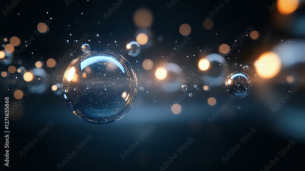 Poster floating soap bubbles against dark background with bokeh lights creating magical atmosphere. macro p