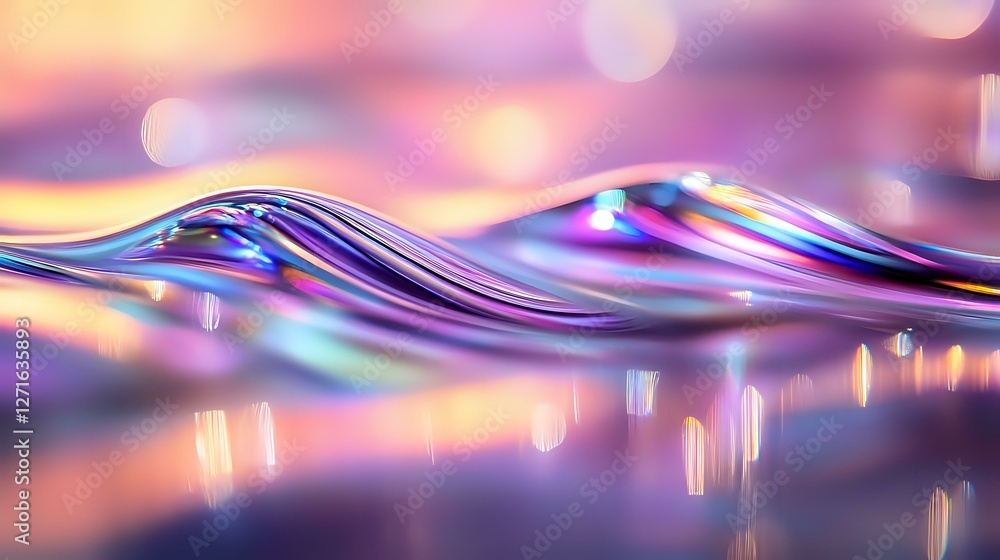 Poster Mesmerizing liquid waves with iridescent purple and orange reflections create abstract macro photography background with soft bokeh light effects.
