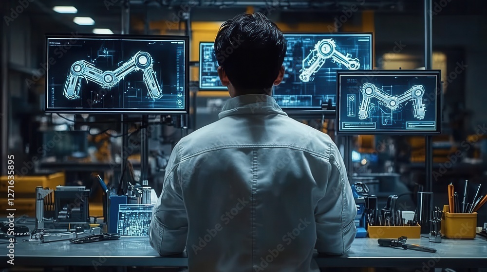 Poster a person analyzes robotic designs on multiple screens in a high-tech workspace, showcasing innovatio