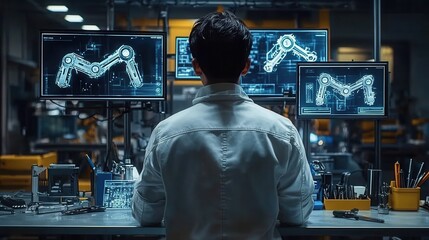 Obraz premium A person analyzes robotic designs on multiple screens in a high-tech workspace, showcasing innovation and advanced technology.