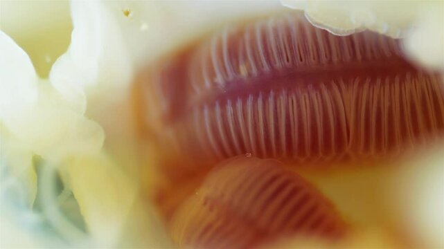 Mollusca Yoldia hyperborea under microscope, order Nuculanida Visible gills and their movement. White Sea