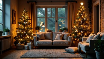 Cozy living room decorated for Christmas with a wooden tree and golden balls, festive, lights,