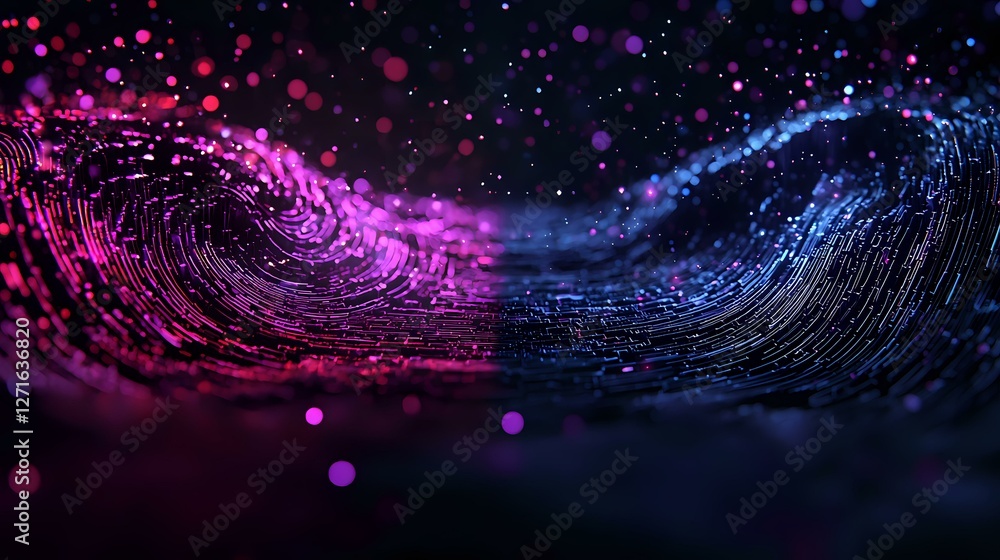 Poster magical wave formation with glowing pink and blue particles creating dynamic motion effect against d