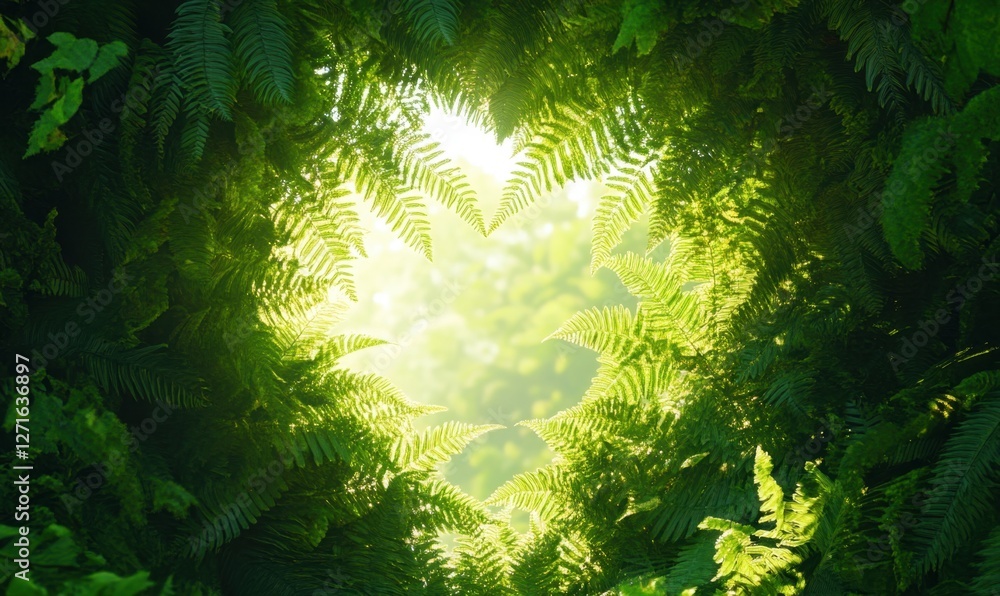 Poster lush green ferns framing a bright light source in a serene forest setting